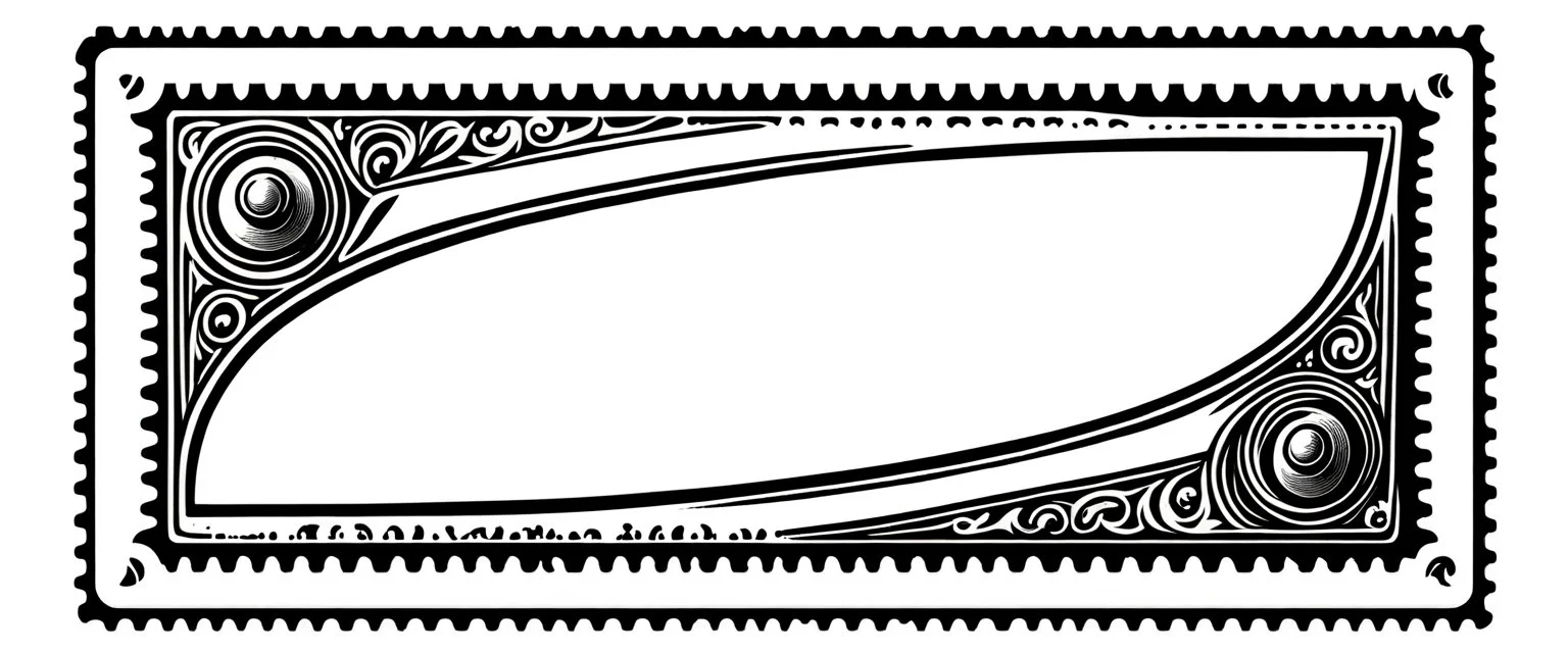 an old engraved stamp with decorative corner elements in the top left and bottom right, inspired by steam locomotive railroad. antique printing