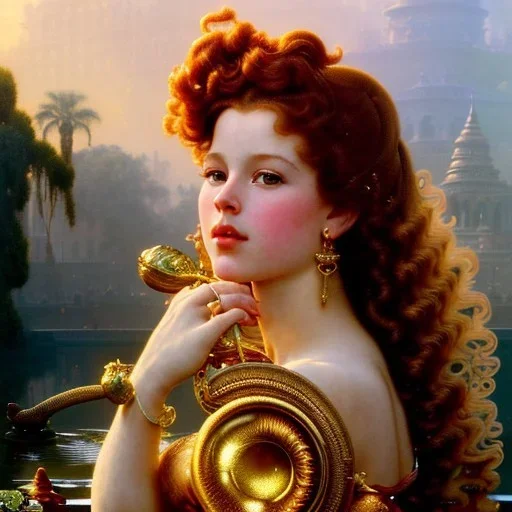 Hyperdetailed oil on canvas, young robyn lively by an ornate fountain, goldfish pond, lotus, detailed face, long muti-hued red curly hair; by gaspar camps, maxfield parrish, alphonse mucha, cyril rolando, dan mumford; luminous colorful sparkles, glitter, airbrush, octane render, volumetric lighting, 16k