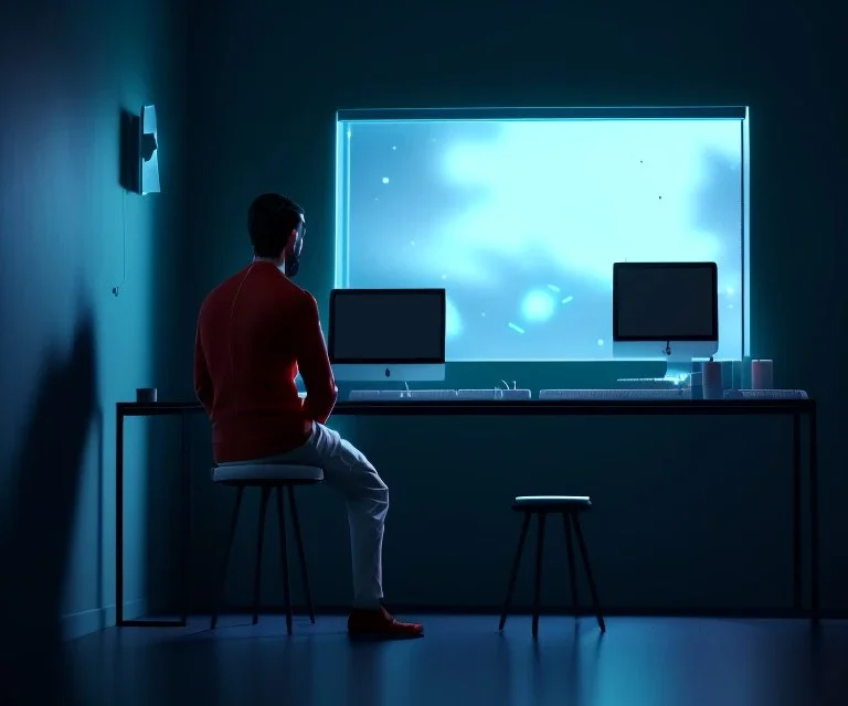 man coding in his computer in a dark room with walls, sky stars, hacker