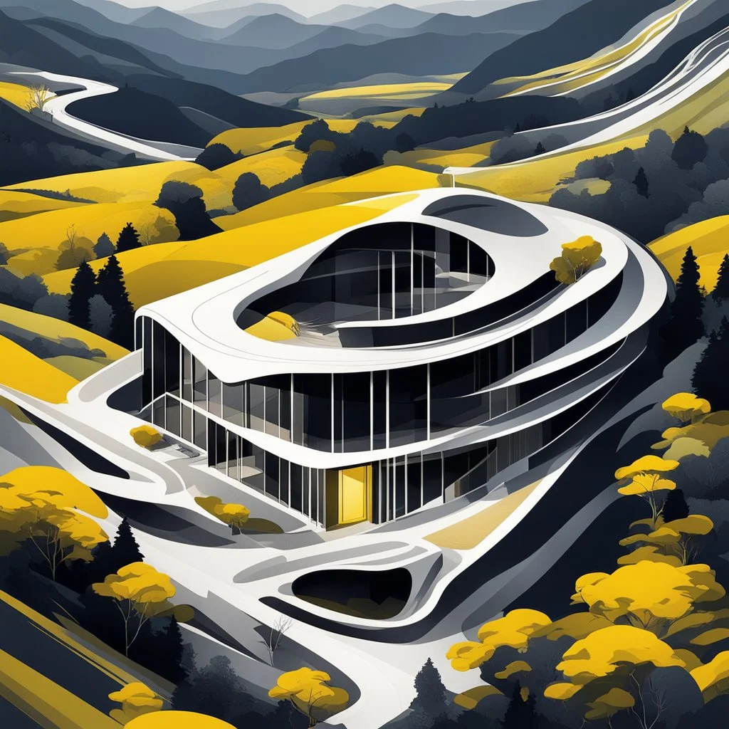 Ilustración minimalista de una casa campestre estilo Zaha Hadid en las montañas arte nouvea color negro blanco y amarillo vista aérea