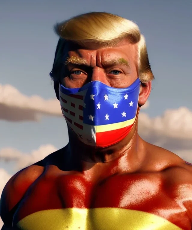 Realistic image of Donald trump wrestler, Mexican wrestling style, Mexican wrestling mask, eyes visibles, red and blue breeches, glow us flag dress, suspenders, retro style, 80s, vibrant color, highly detailed, sky background, concept art, unreal engine 5, god rays, ray tracing, RTX, lumen lighting, ultra detail, volumetric lighting, 3d, finely drawn, high definition, high resolution.