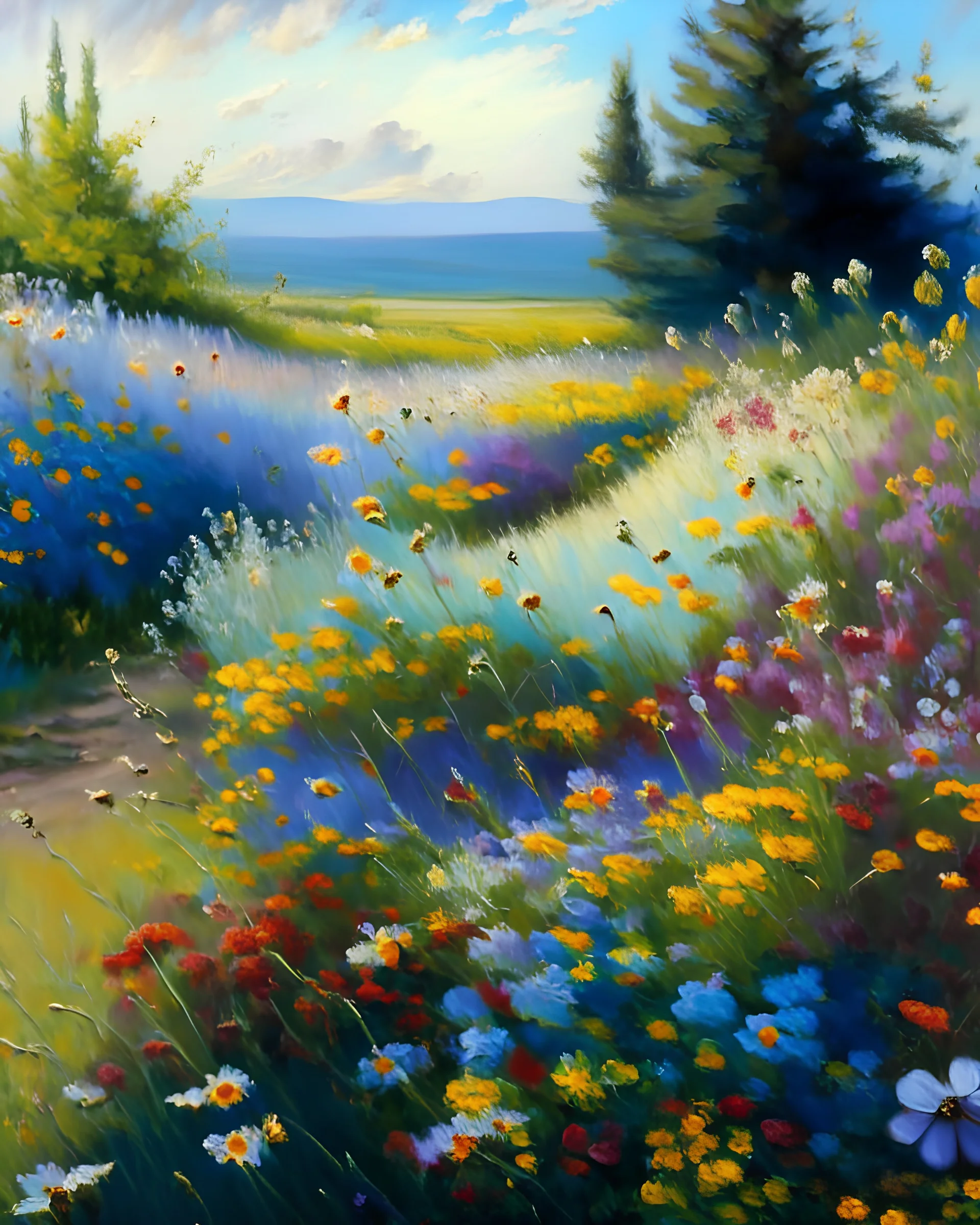 Impressionist oil painting of a landscape, with several kinds of wildflowers blossoming, realistic colors, ultra high details