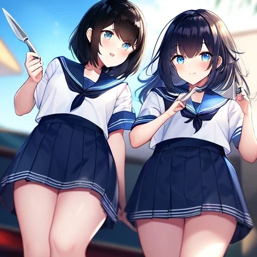 Clear focus,High resolution, Black short fluffy hair, and blue eyes, wearing a sailor uniform, must wear a short skirt, Holding a knife, blushing