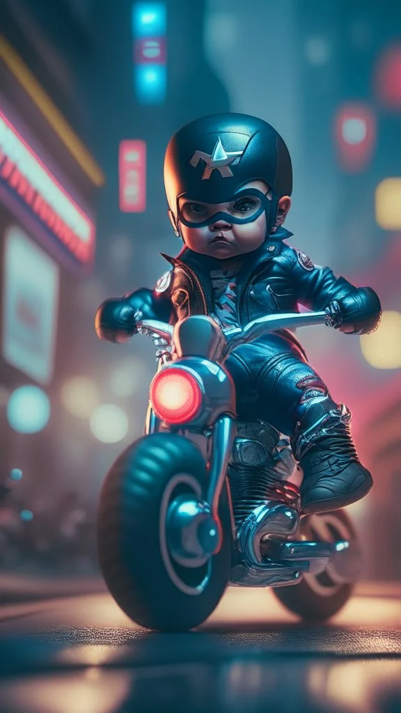 A Sharp Kawaii tiny hyper realistic baby captain america riding mini harley davidson, wearing bikers clothes with kick boxing action, night of cyberpunk city background. wide angle full body, 8k, Cinematography, photorealistic,epic composition Unreal Engine,Cinematic, Color Grading, Portrait Photography,Ultra-Wide Angle, Depth of Field, hyper detailed