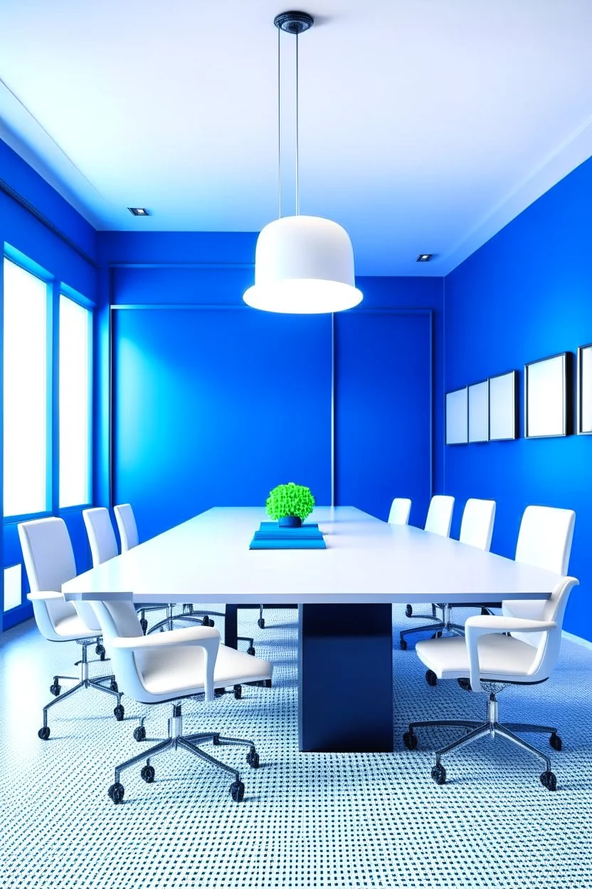 Meeting room with blue walls and white floor