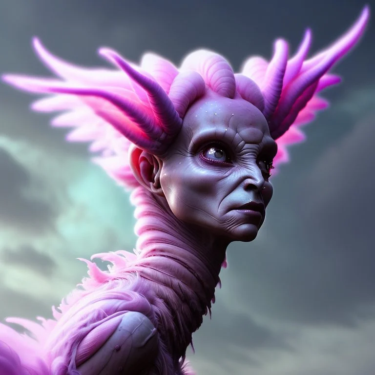 extraterrestrial being, female, bipedal, otherworldly, pastel pink fur-covered skin, large lavender eyes, long feathery tail, alien, intricately designed, highly detailed, Greg Rutkowski