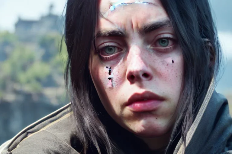 Billie Eilish, Dishonored 2, realistic, 4k, not to be distinguished from a photo, identical pupils