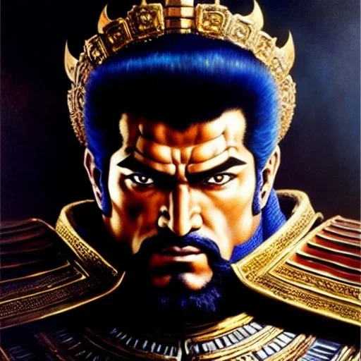 portrait of 'Raoh-Fist of the North Star',ancient metal armor , painting by gaston bussiere, greg rutkowski, yoji shinkawa, yoshitaka amano, tsutomu nihei, donato giancola, tim hildebrandt, oil on canvas, cinematic composition, extreme detail,fit full head inside picture,16k