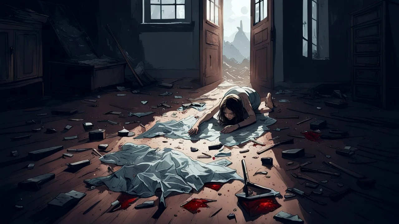 Glass shattering scene, a shattered glass pieces lies on dirt floor, and a young woman had with bloody fingers , The room is an old poor villager's abode, pale light, The mood is one of profound melancholy, sad