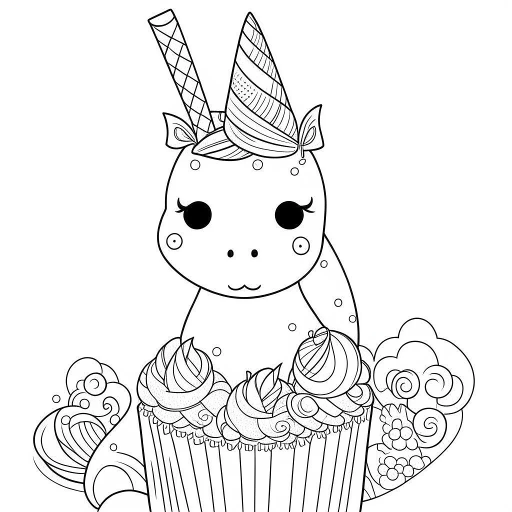 coloring page, cute unicorn, Cupcake Unicorn, full view, realistic face, only draw lines, coloring book, clean line art, –no sketch, color, –ar 3:4, white background, minimalistic black lines, minimal black color, low level black colors, coloring page, avoid thick black colors, thin black line art, avoid colors, perfect shape, perfect clear lines,