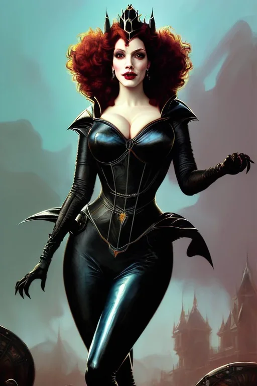 painting of christina hendricks as evil queen in black leather, feminie, angry, volouptous, busty, cleavage, emperious, mature, highly detailed, digital painting, artstation, concept art, smooth, sharp focus, illustration, art by gaston bussiere and alphonse mucha