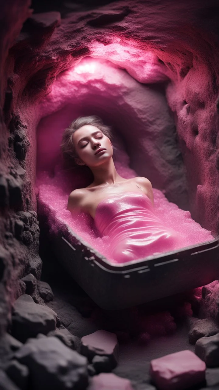 full body portrait of soap star sleeping in a sarcophagus filled with calm transparent pink embalming liquid inside coal mine shaft,bokeh like f/0.8, tilt-shift lens 8k, high detail, smooth render, down-light, unreal engine, prize winning