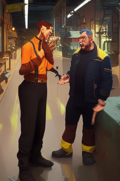 2 men arguing in factory Simon Stalenhag cartoon style