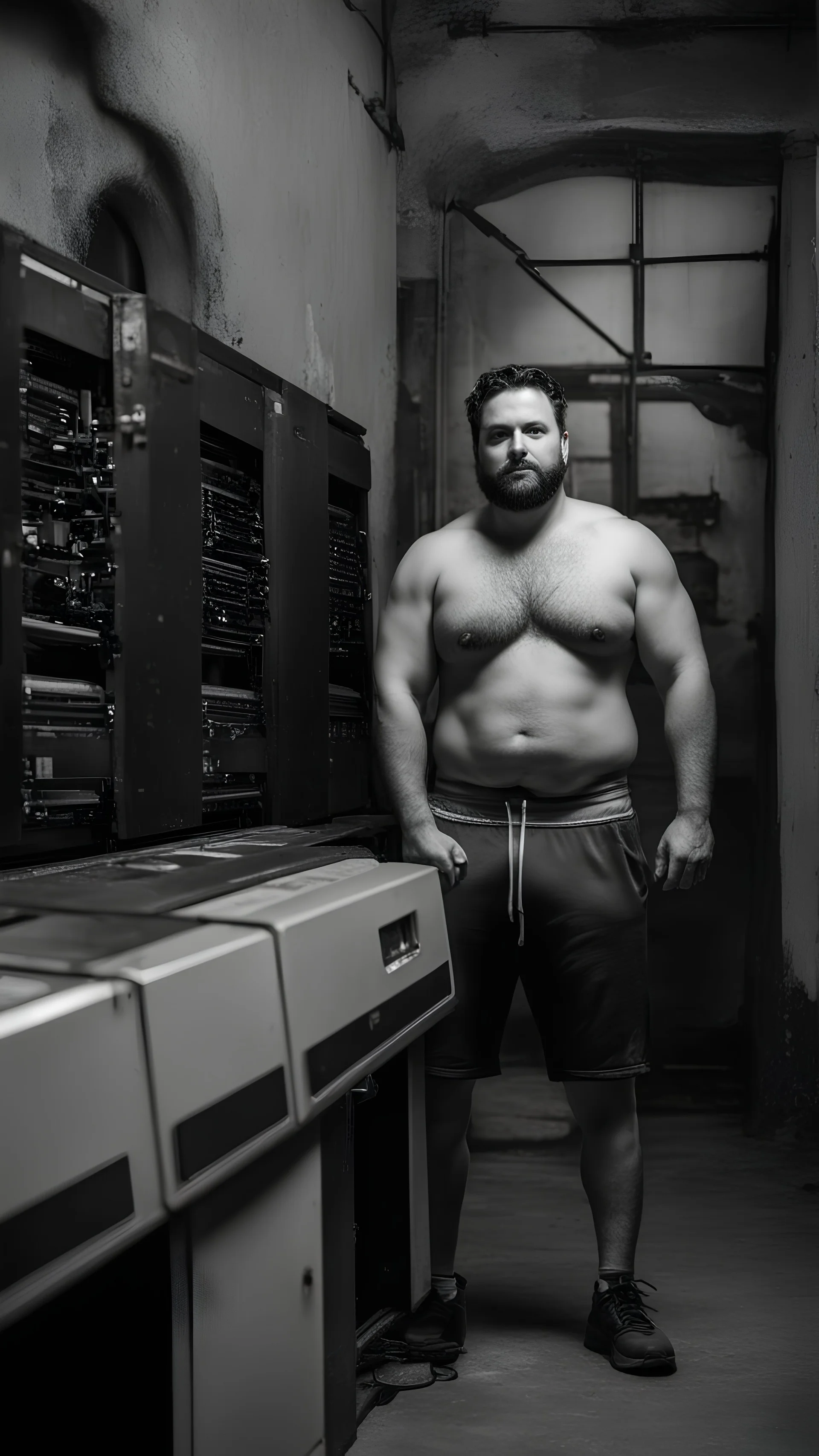 big muscular italian chubby 35 year old man in tracksuit, short beard, shirtless, printer in an old printing house, next to a huge old printer, dim light, side light, ambient occlusion