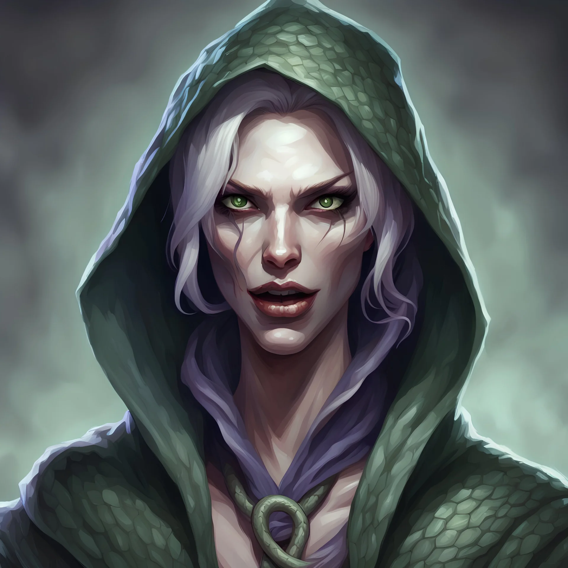 generate a dungeons and dragons character portrait of an evil female snake person. She has pale skin and is wearing a hooded robe. Make her serpent tongue visible.
