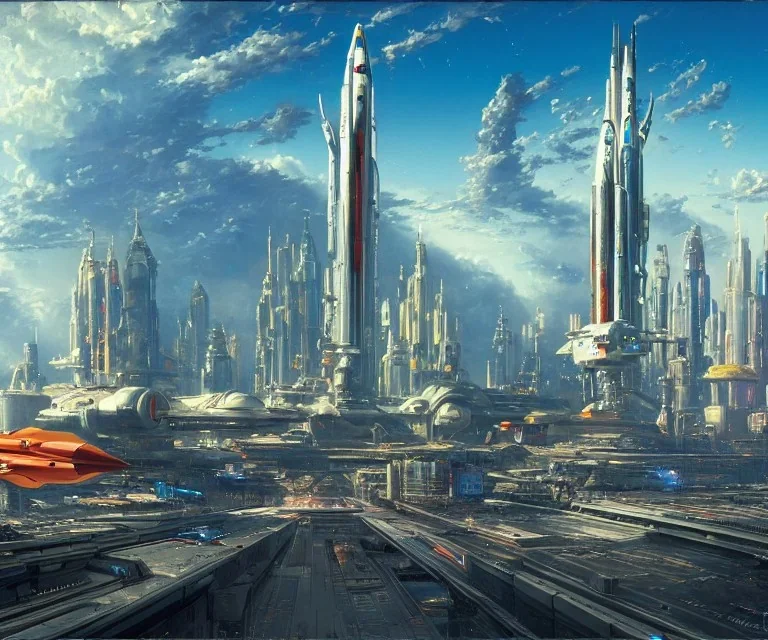 Spaceport on a heavy industrialized planet with a vibrant city in the background and a starting spaceship in the foreground, art by John Berkey, buildings with glass facades, Brutalität architecture, insanely detailed, vibrant, 8k uhd, cinematic atmosphere, ultra-wide angle, street level view, brush strokes, blue sky with clouds, sharp focus