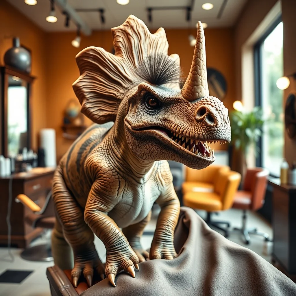 Rhinosaurus getting a hair styling in a salon