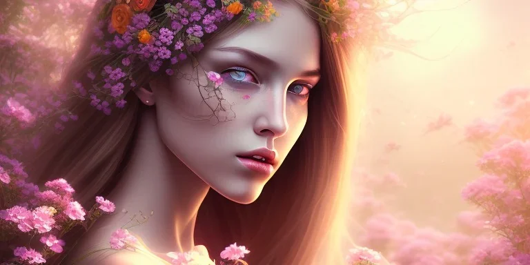 girl buried in flowers, beautiful, magical