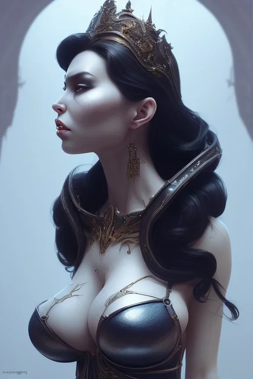 Vivian Wood as evil queen in black leather, busty, cleavage, dominatrix, curvy, angry, stern look. character design by cory loftis, fenghua zhong, ryohei hase, ismail inceoglu and ruan jia. unreal engine 5, artistic lighting, highly detailed, photorealistic, fantasy