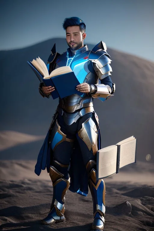 a human male with blue short hair and blue wings in an assymetrical armor with geometric patterns and a book in hand