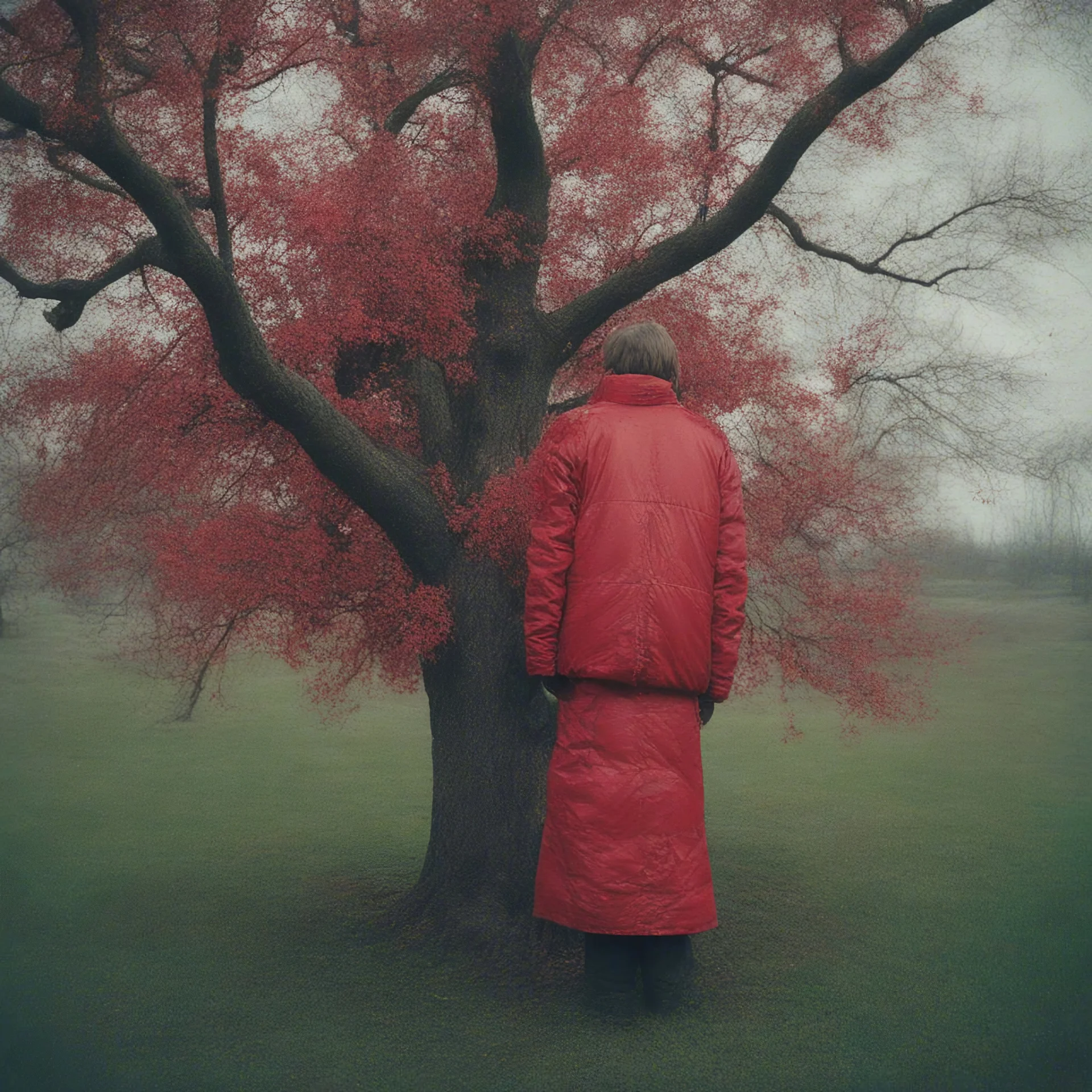 Tree, red, autochrome, plastic puffy jacket
