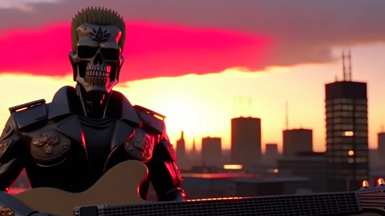 4K, ultra detail, full realism, nuclear explosion in the background of a big city, portrait of the Terminator playing guitar