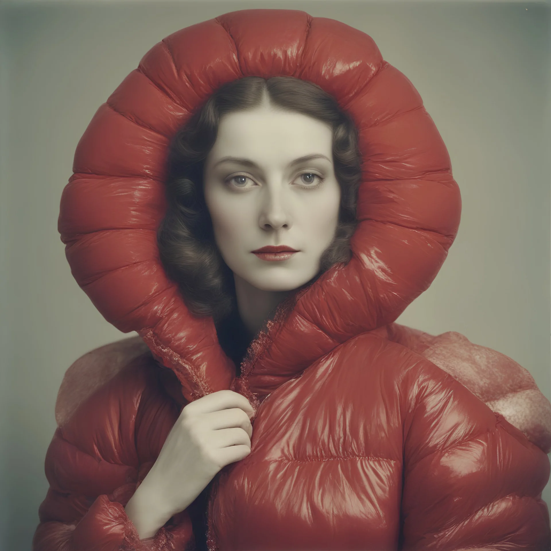 Countess da Castiglione,, red, autochrome, plastic puffy jacket