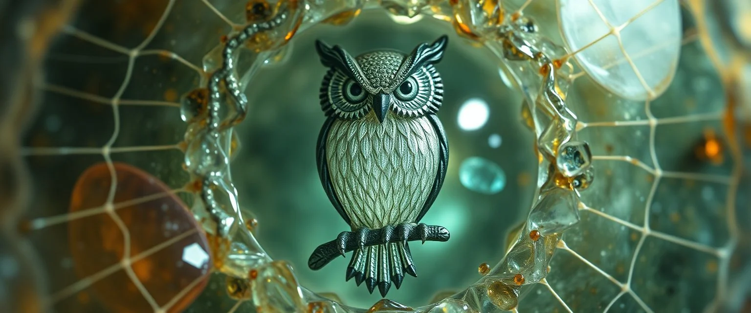 close up of owl abraxas carved on the gemstones in the fish eye web, interdimensional portal
