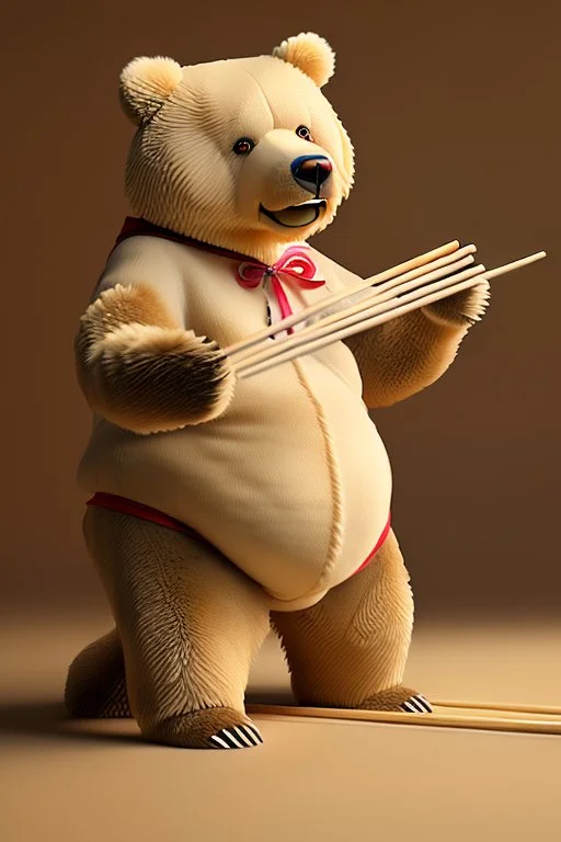 Big fat Japanese woman dressed as a bear eating noodles with chopsticks