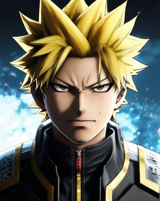 Detailed anime portrait of bakugo from my hero academia, gold hair and golden eyes, black suit, intricate details, full body portrait, keep head in frame, slight smile, black Japanese motif, concept art, highly detailed, digital painting, concept art, sharp focus, illustration, art by Yoji Shinkawa, WLOP and greg rutkowski and alphonse mucha and artgerm and yanjun Chen and Junji ito and Makoto Shinkai, HDR, octane render