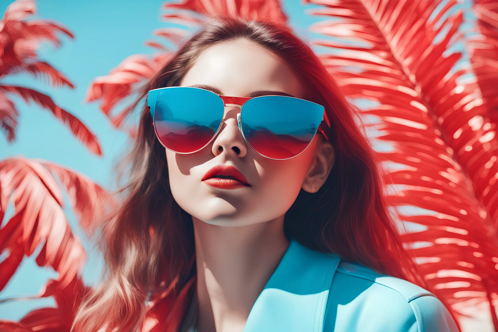 girl wearing light blue sunglasses summer vibes with red filter