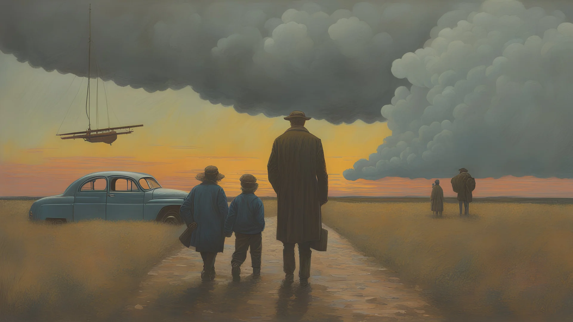 Pop Surrealism painting, Denis Sarazhin, Alex Colville, max Ernst, Simon Stalenhag, ominous sky