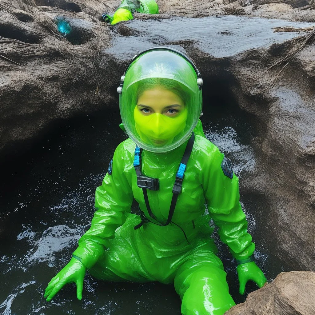 we have a beautiful scientist who found herself in over her head. she was attempting to explore the deep slime pits in the newly discovered region and to do this she opted for the ultra heavy duty hazmat/chemical hybrid suit fully sealed up but this new slime pit proved to be to much for her to handle. in no time all her surroundings was fully infested and the slime had fully taken over her. she tried to remain calm and shows a thumb up but as her the slime filled her suit around her she would b