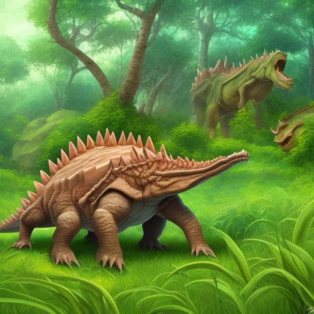 stegosaurus in the jungle eating grass