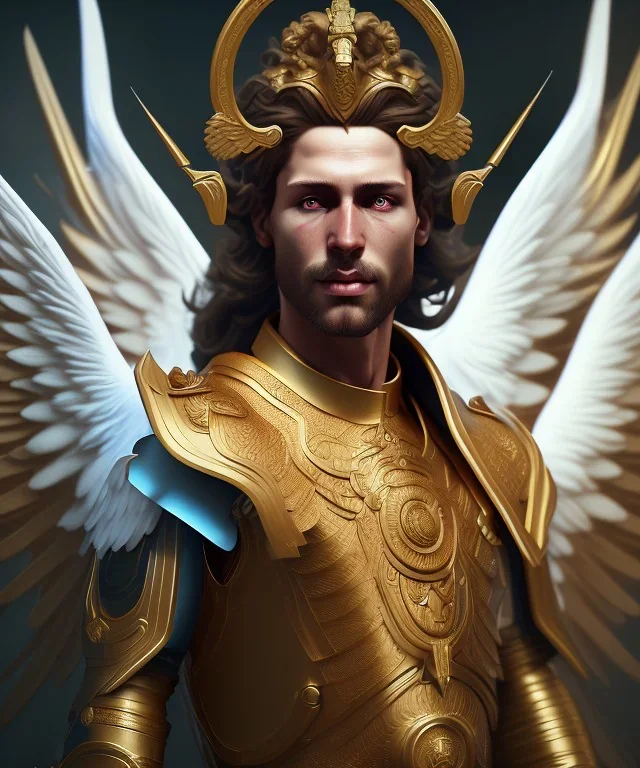 San Michael Archangel, male divine justice, head and shoulders portrait, 8k resolution concept art portrait by Greg Rutkowski, Unreal Engine 5 volumetric lighting