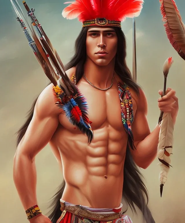 Guaicaipuro, native american god warrior, long black hair, big muscles, red feathers headdress, shirtless, holding a stone tip spear, fierce face