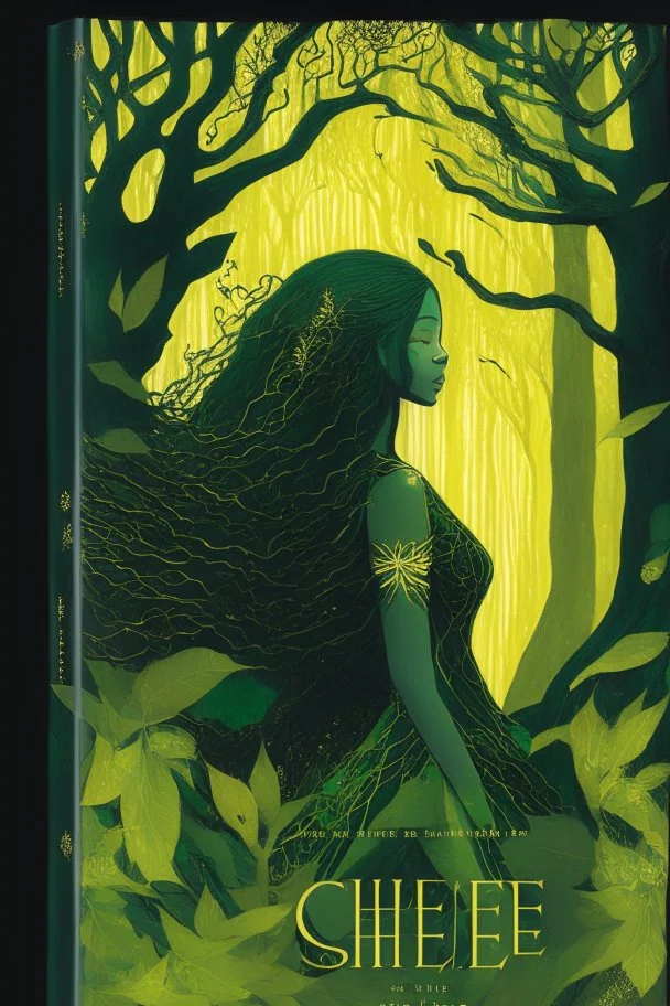 book cover, In the heart of a dense and enigmatic forest with towering ancient trees cloaked in emerald, yellow and amber foliage stands an ethereal beauty, her face is perfect, her lustrous hair cascading in ebony waves down to her slender waist she is slowly turning into a tree herself