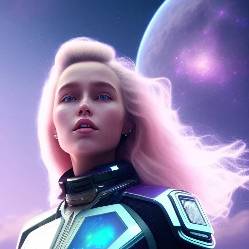 A portrait of a transparent crystalline girl,smiling, longs blond hairs, green eyes, galactic dress, atmospheric, realistic, cinematic lighting, octane render, purple and blue sky, nebula, stars, planets in background, spaceship in background