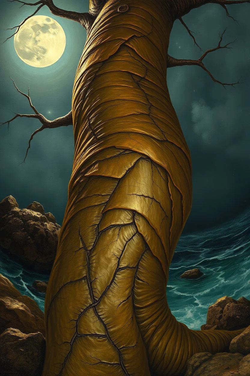 pin hole cam, master oil painting by Rembrandt, By moonlit cove where silver tides embrace, Walked Lena Gray, her hair a chestnut flame, And Oskar Vann, freckled, with storm-blue gaze, Both chasing secrets tides could not reclaim. They spied a trunk, twisted like an old tree, Its bark peeled gold, veins glowing faintly green,