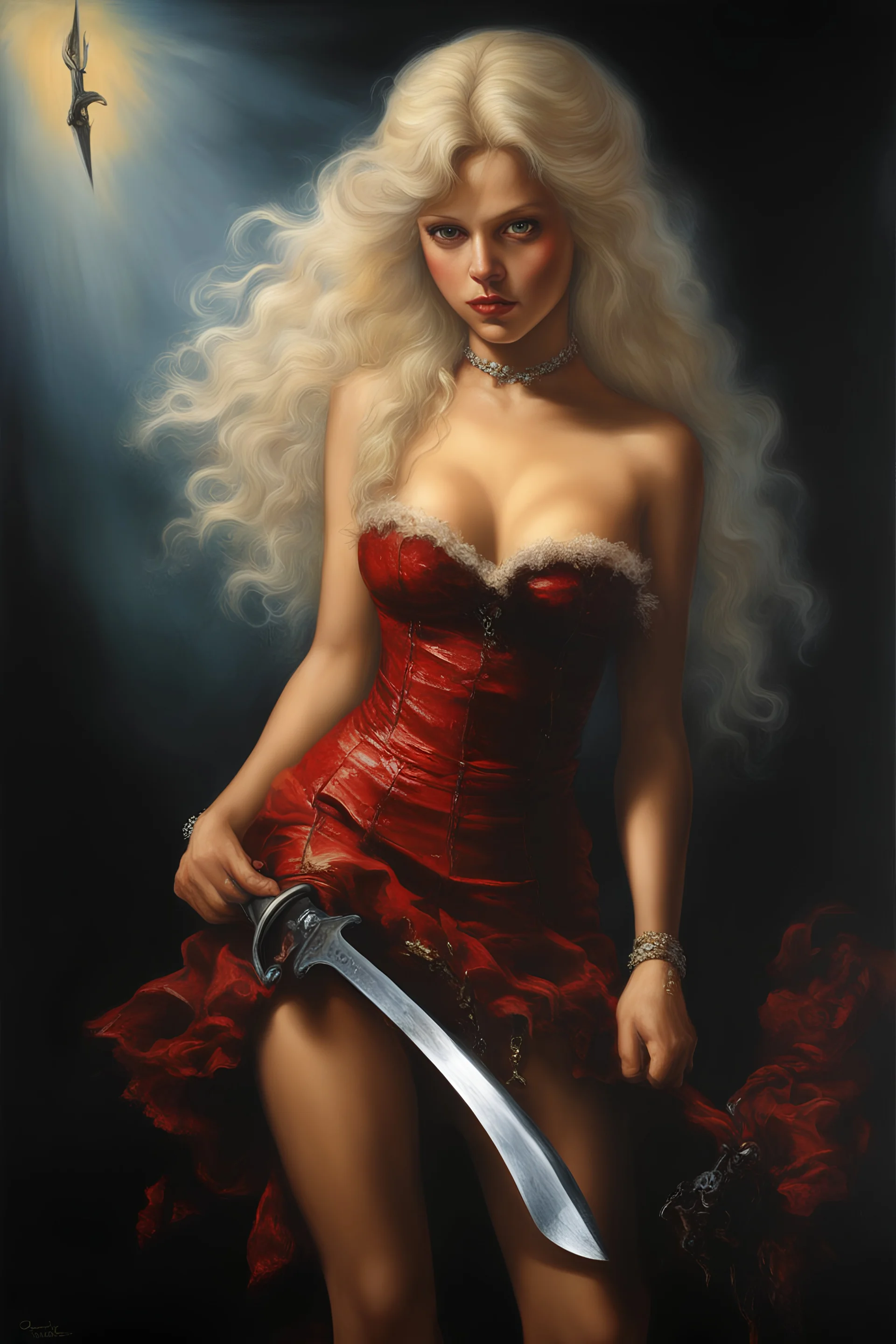 full body image, head to toe, chiaroscuro, deep shadows, rich deep colors, highly detailed portrait, Oil on Canvas by Boris Vallejo - The Evil, homicidal13-year-old Cinderella with Bleach-blonde hair holding a bloody cleaver - 4k UHD, Ultra-realistic, Hyper realistic, Photorealistic, Realistic, absolute Reality