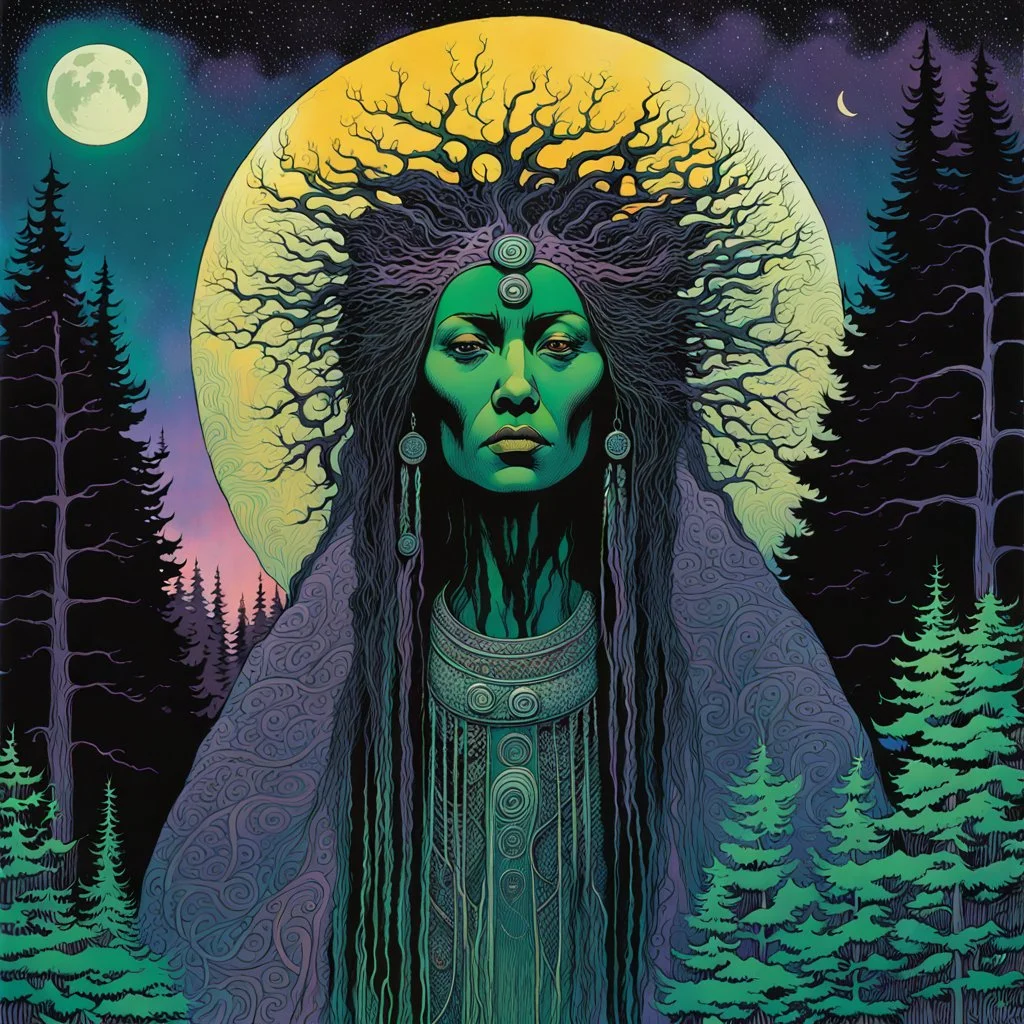 create an abstract expressionist lithograph of a ghostly tribal druid priestess, with highly detailed, delicate feminine facial features, inhabiting an ethereal Northern forest of ancient hemlocks, in the comic book style of Jean Giraud Moebius, David Hoskins, and Enki Bilal, precisely drawn, sharply defined, boldly inked, with the vibrant colors of the midnight moon