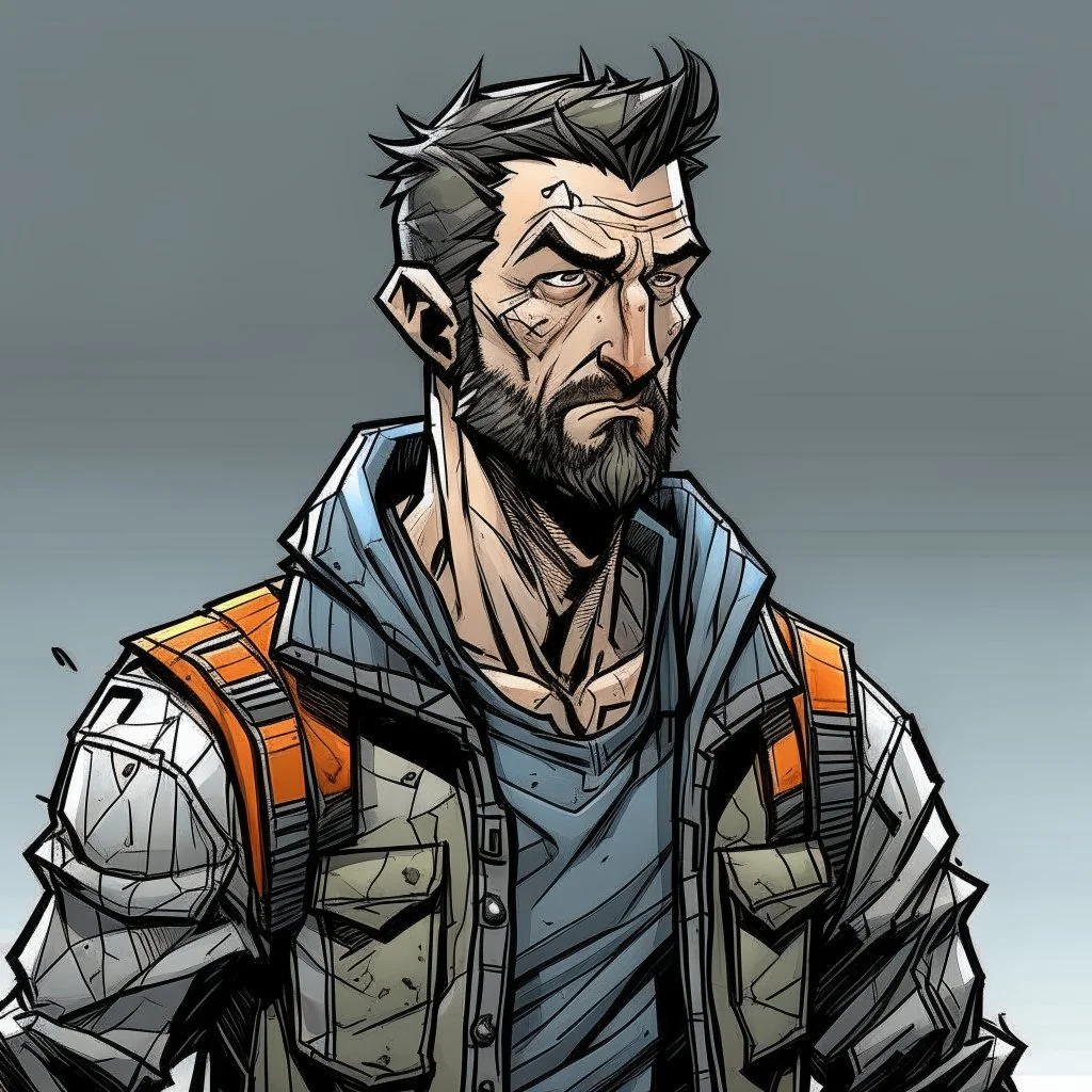 man,, looking serious, comic book, post-apocalypse, grey background