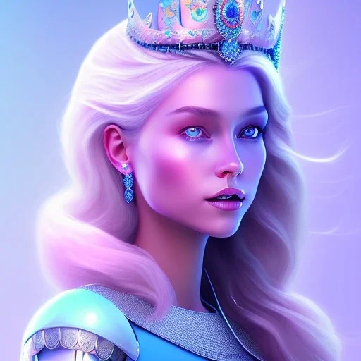 A portrait of a full body crystalised blue pink queen,smiling face, blue eyes, long blond hair, atmospheric, realistic, unreal engine, lighting