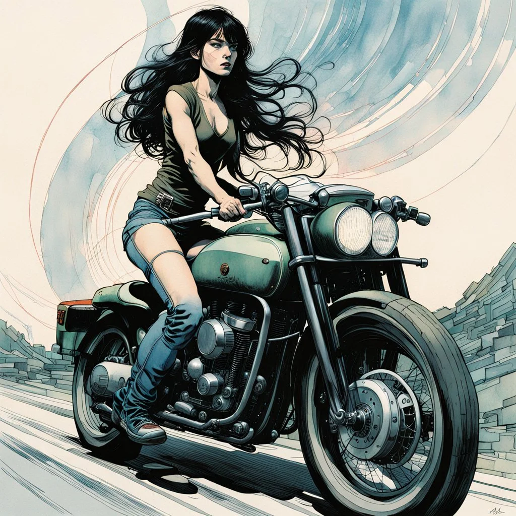 create a highly ethereal, darkly magical full body illustration of a dark haired girl on her motorcycle, with highly detailed and deeply cut facial features, in the style of KATHE KOLLWITZ combined with the comic art style of BILL SIENKIEWICZ and JEAN GIRAUD MOEBIUS, searing lines and forceful strokes, precisely drawn, inked, and darkly colored