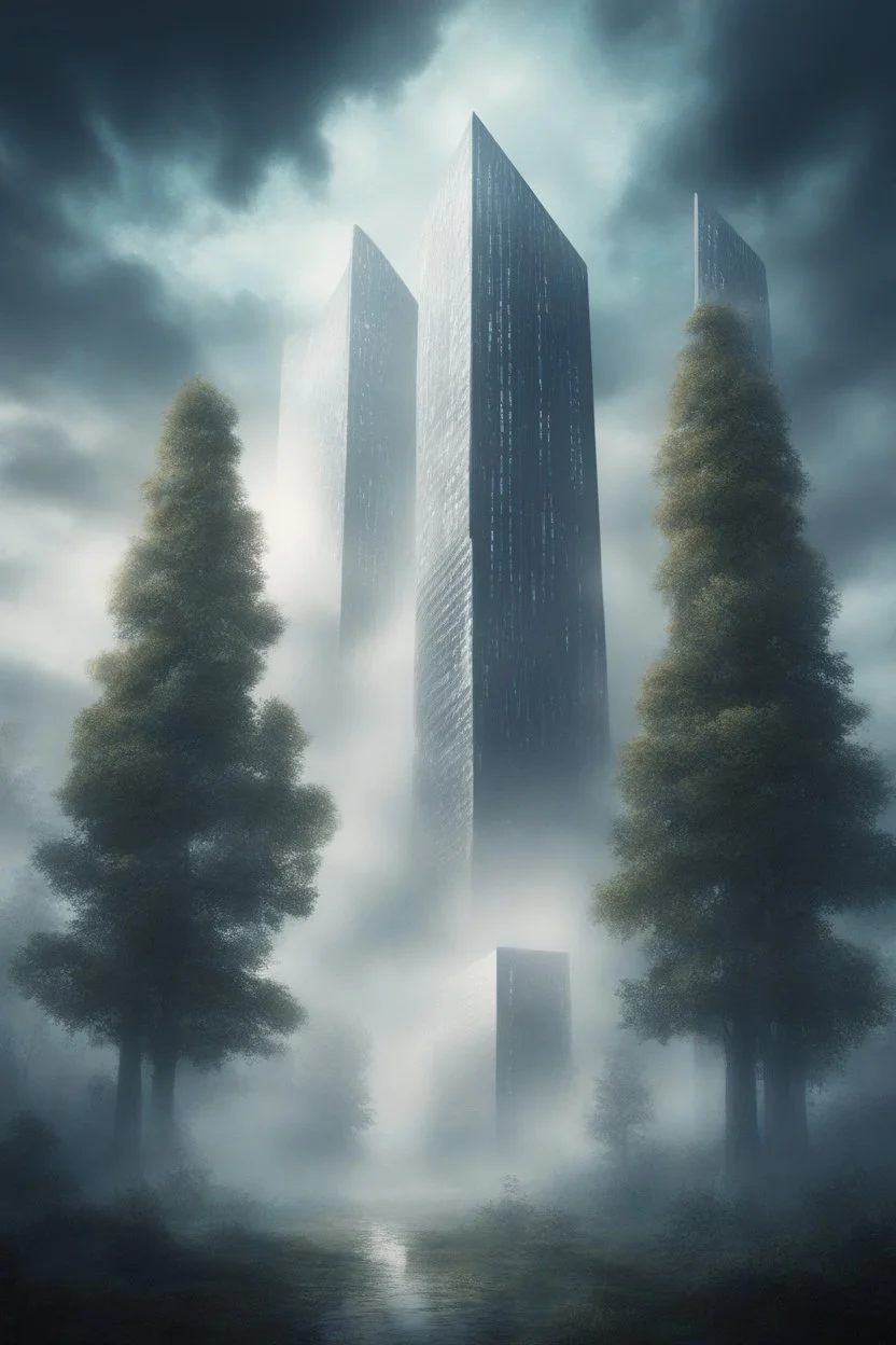 The future modern buildings in another dimension surrounded with big trees and stars and clouds and fogs, Busch painting nightmare style , 3D , scary, magical, mysterious