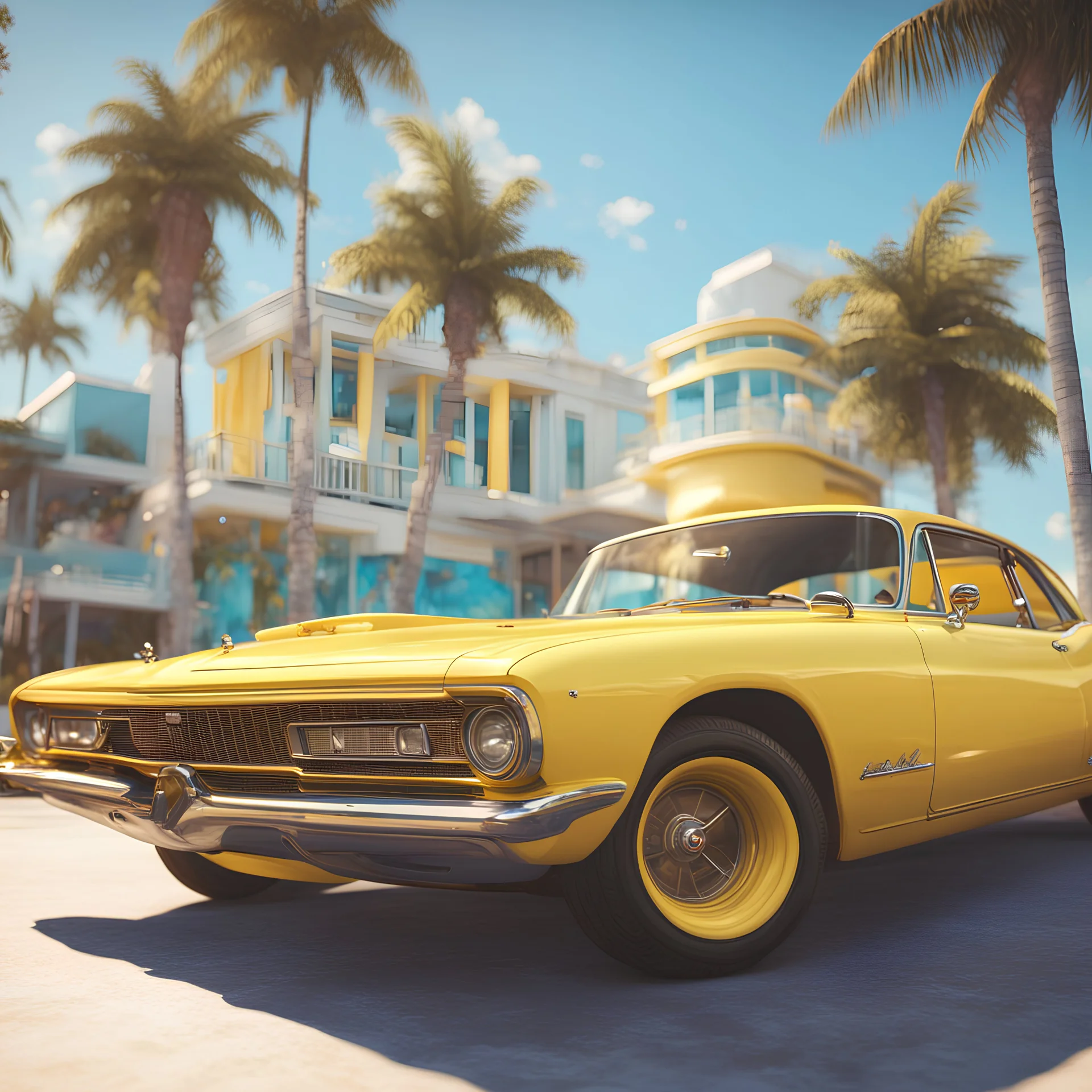 An energy can on a hood of a yellow low rider car in Miami beach, sunshine, blue sky, biquini girls, art inspired in GTA VI game, cinematic light, intricate details, unreal engine 5