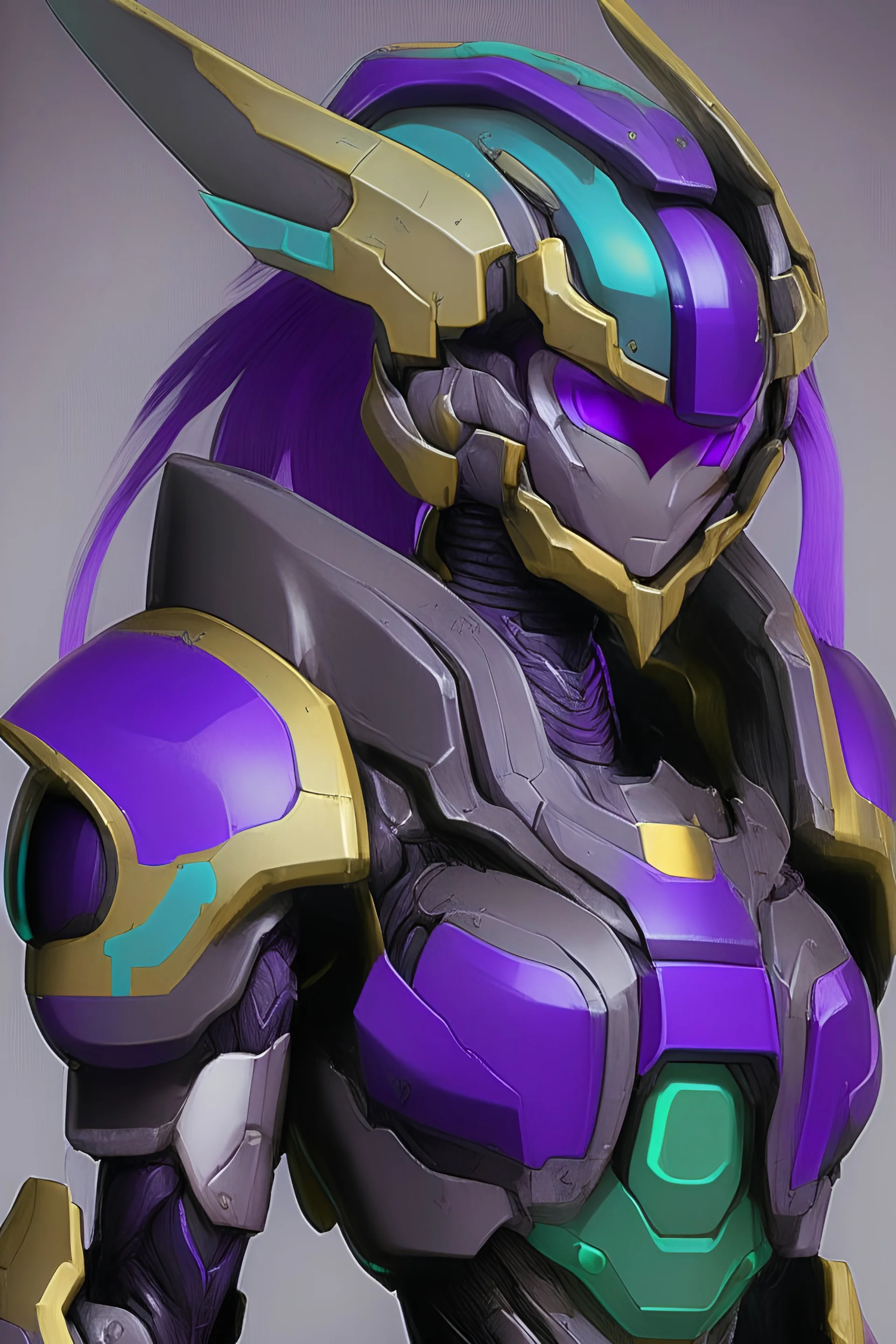 One Genderless Cyborg made of old metal, has a human like face with a really long violet ponytail, the armor is similar to Omega from Megaman. The color palatte of the armour is deep purple and yellow. They have clear visor, and have Turquoise colured eyes. The Background is dark grey.