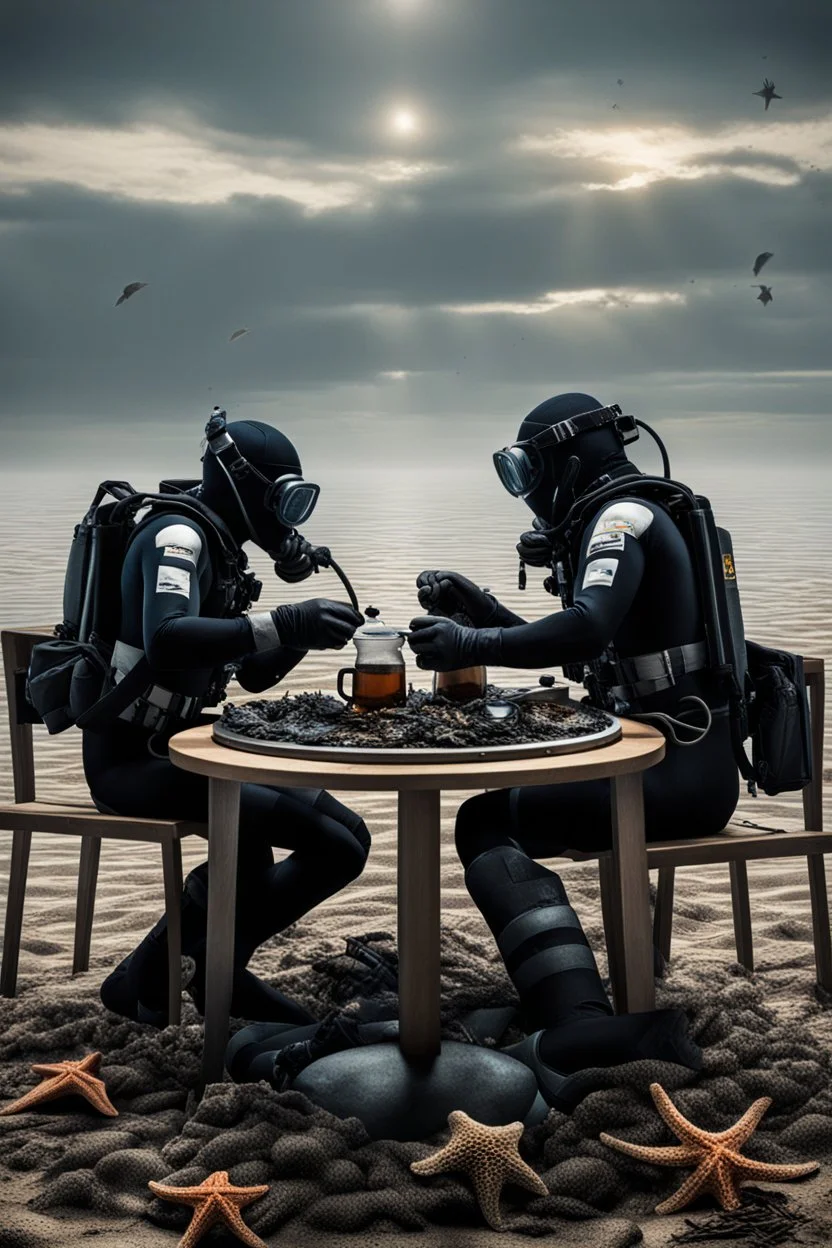 2 divers in full gear sitting at a round table having tea, the table is on the bottom of the in the dried out sea, around them are shattered dead fish, dead starfish, ship reck, 8 k realistic