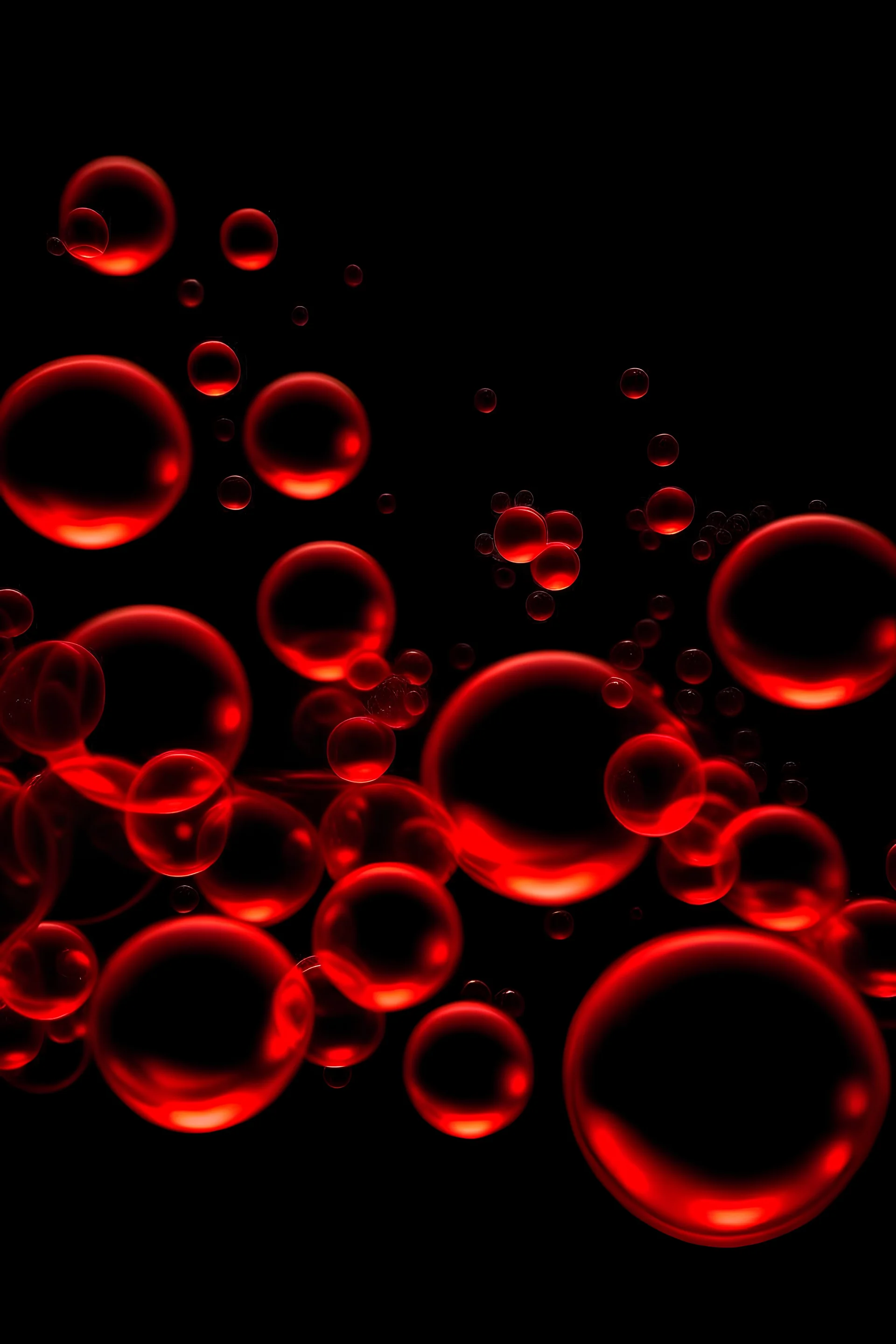 small transparent red soap bubbles surreal on black background