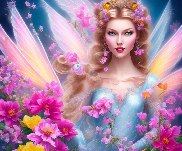 beautiful bright fairy portrait who smiles with long hair, thin face, two hands, two transparent wings on her back in a pink,blue, yellow flowers background,